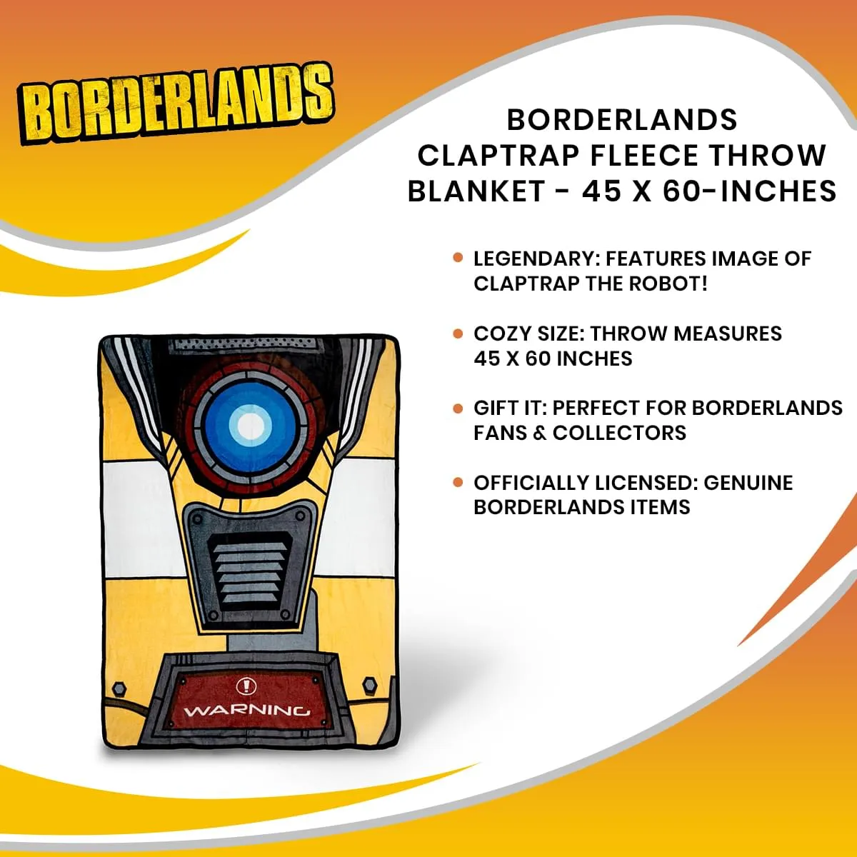Borderlands Claptrap Fleece Throw Blanket - 45 x 60-Inches