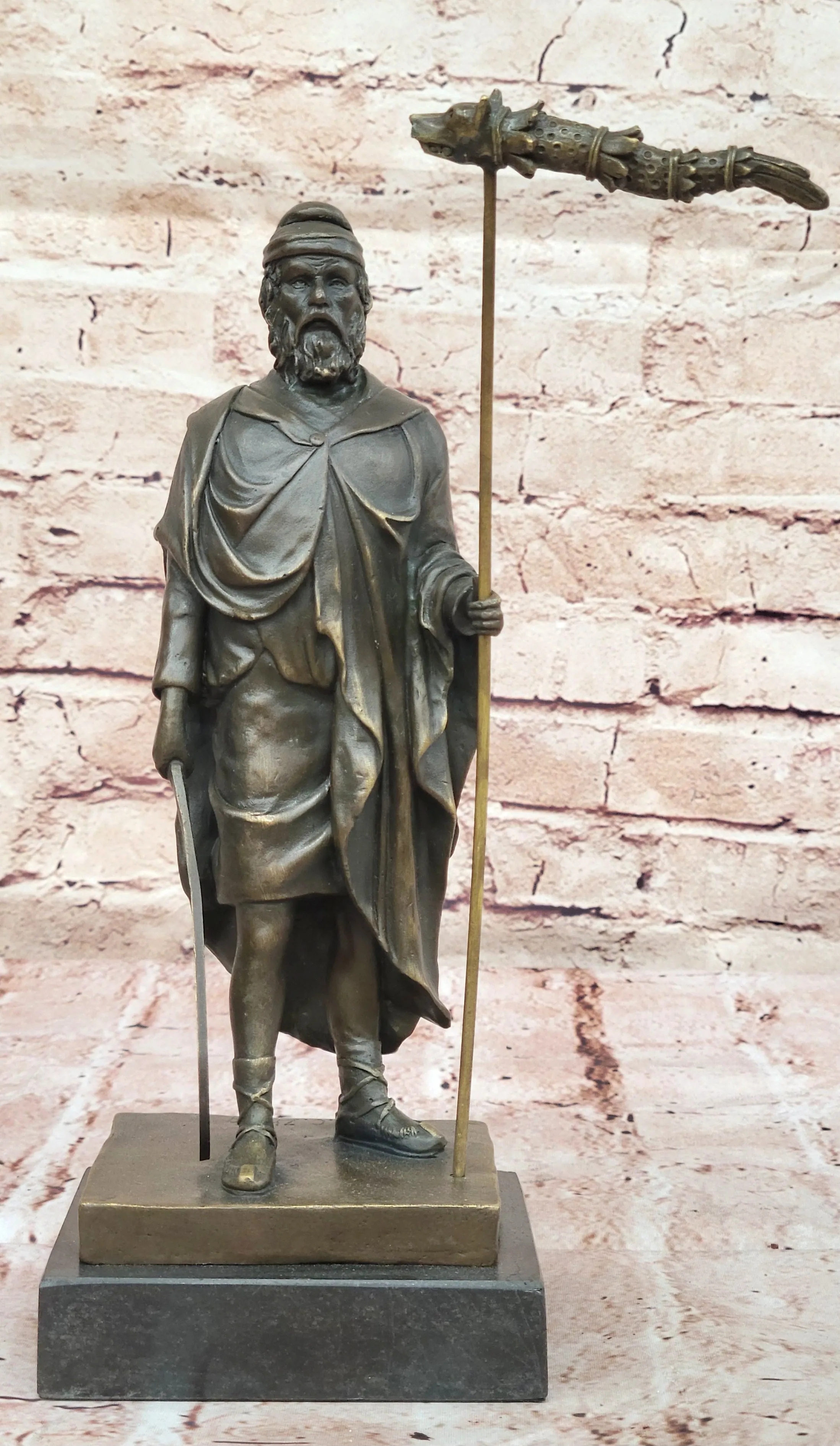 Bronze Celtic Warrior with Dragon Staff – Mythological Hero Sculpture Statue Original Art