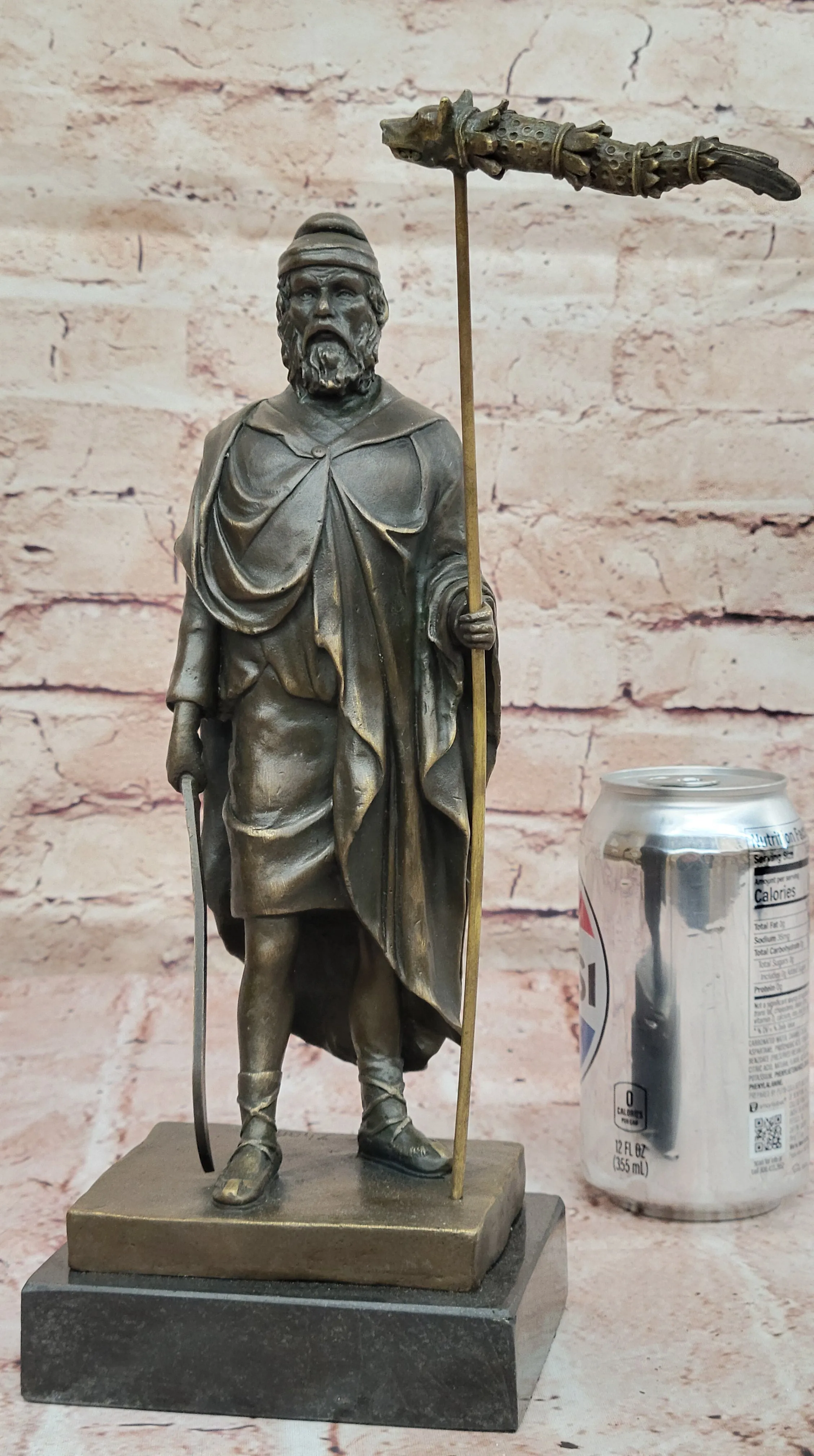 Bronze Celtic Warrior with Dragon Staff – Mythological Hero Sculpture Statue Original Art