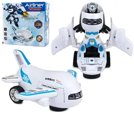 White Whale Bump and Go Transforming Aircraft to Robot Toy with 3D Light & Sound, Battery Operated Musical Aeroplane Robot Toy for Kids Toddlers Airplane Boing Robot Toy - Airbus Robot Toy(Assorted)