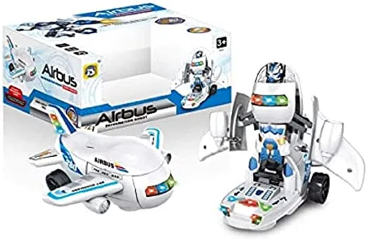 White Whale Bump and Go Transforming Aircraft to Robot Toy with 3D Light & Sound, Battery Operated Musical Aeroplane Robot Toy for Kids Toddlers Airplane Boing Robot Toy - Airbus Robot Toy(Assorted)