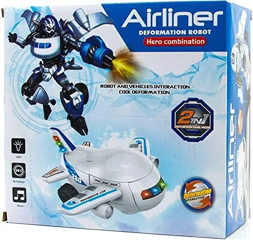 White Whale Bump and Go Transforming Aircraft to Robot Toy with 3D Light & Sound, Battery Operated Musical Aeroplane Robot Toy for Kids Toddlers Airplane Boing Robot Toy - Airbus Robot Toy(Assorted)