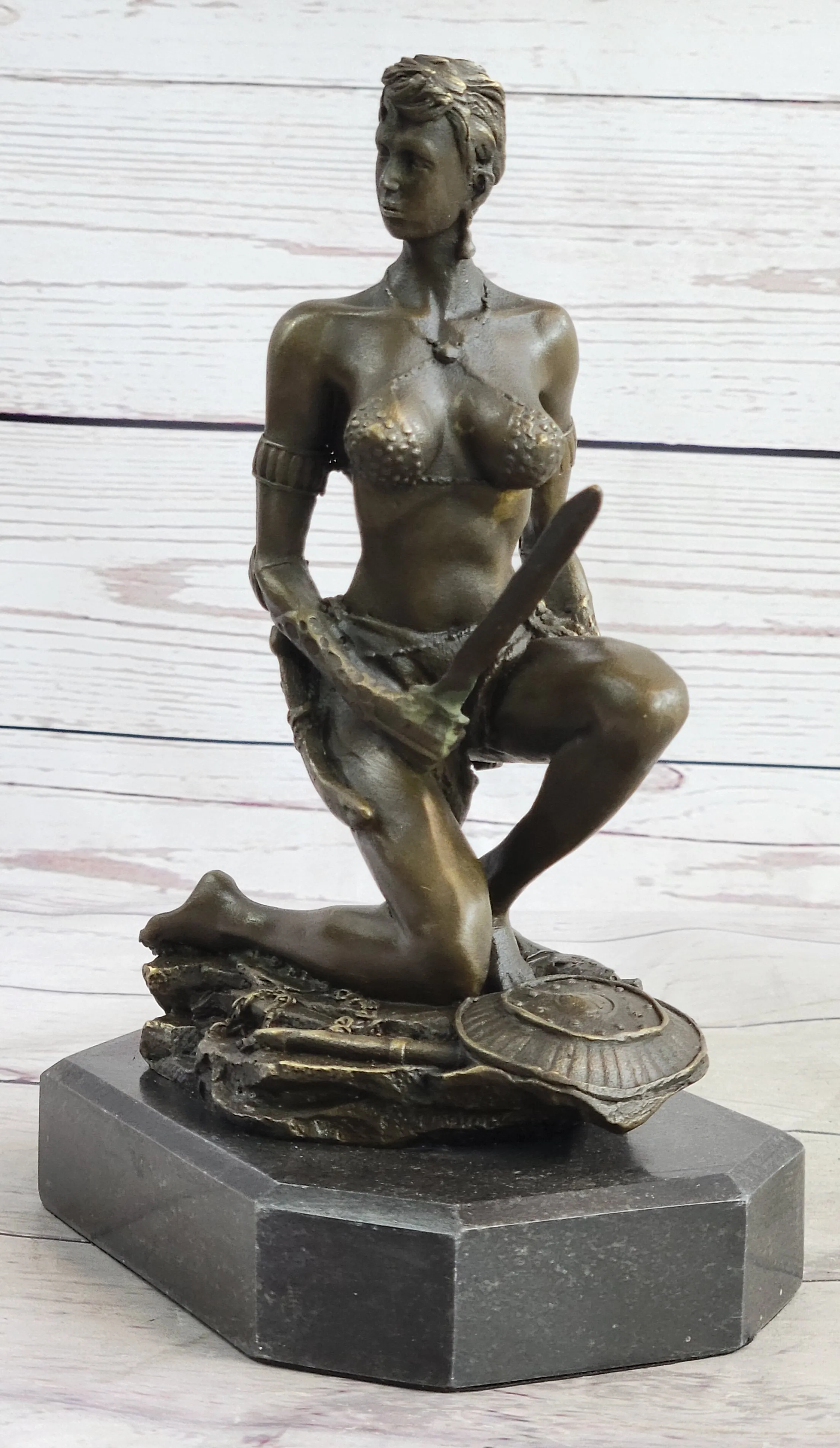 Xena Warrior Amazon Fantasy Girl Bronze Sculpture Statue Figure on Marble Base