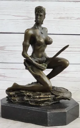 Xena Warrior Amazon Fantasy Girl Bronze Sculpture Statue Figure on Marble Base