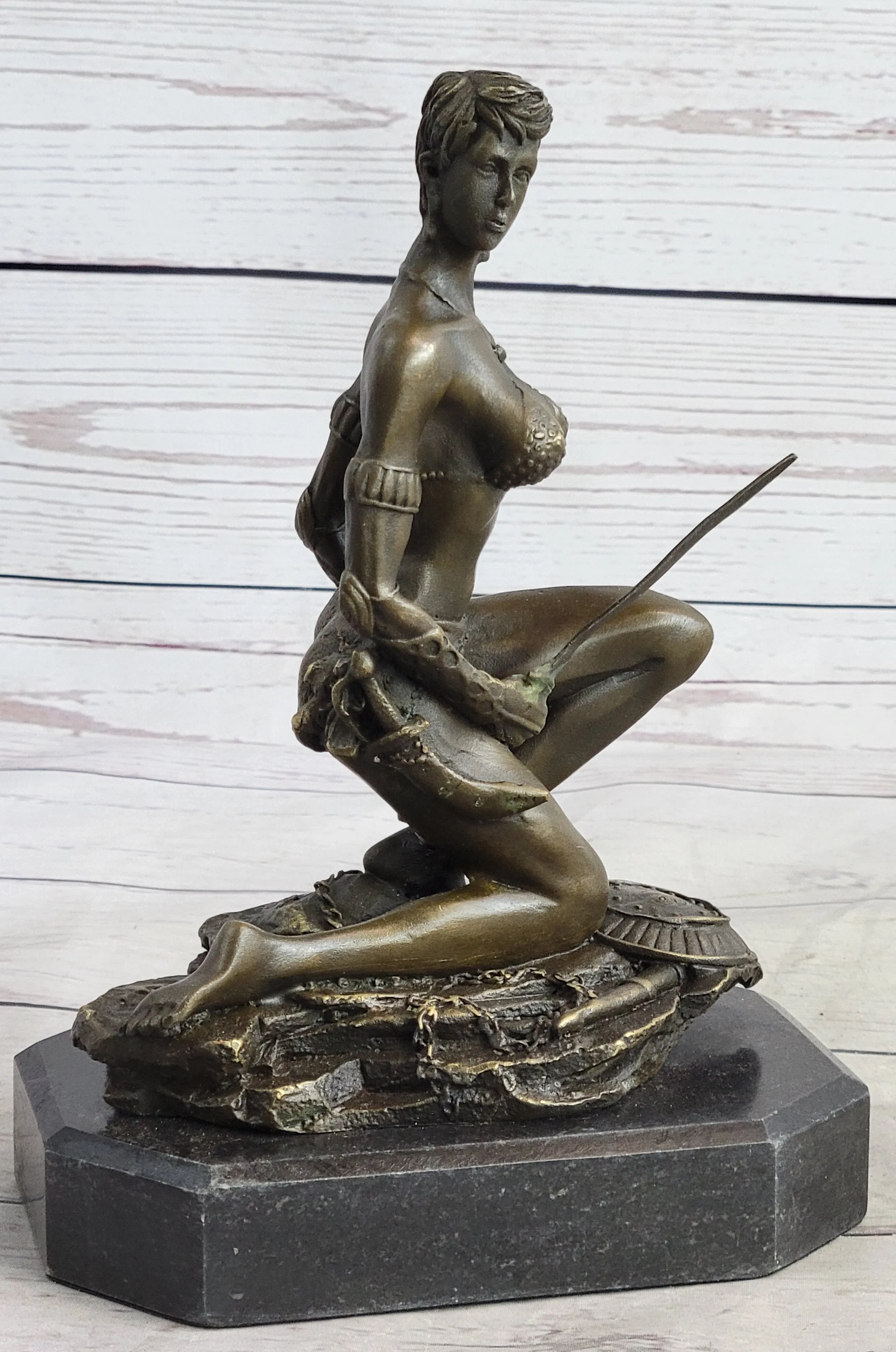 Xena Warrior Amazon Fantasy Girl Bronze Sculpture Statue Figure on Marble Base